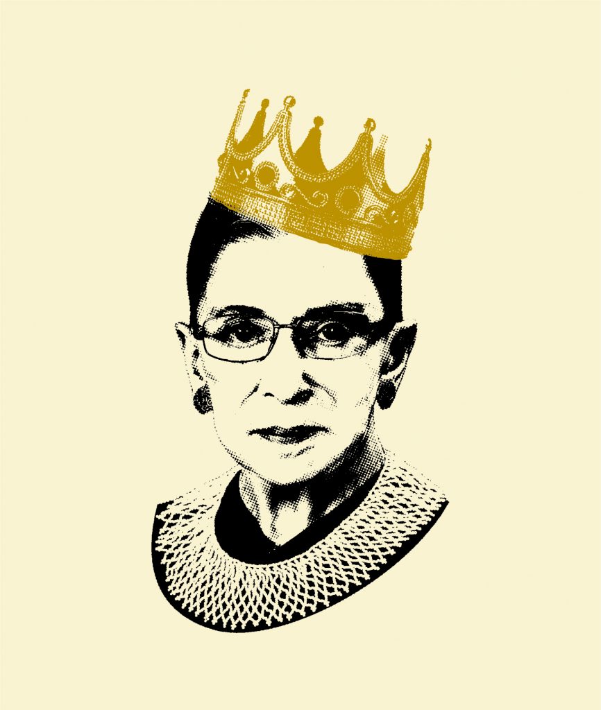 Black and white drawing of Ruth Bader Ginsburg wearing a gold crown. This is a commonly known representation of Ruth Bader Ginsburg