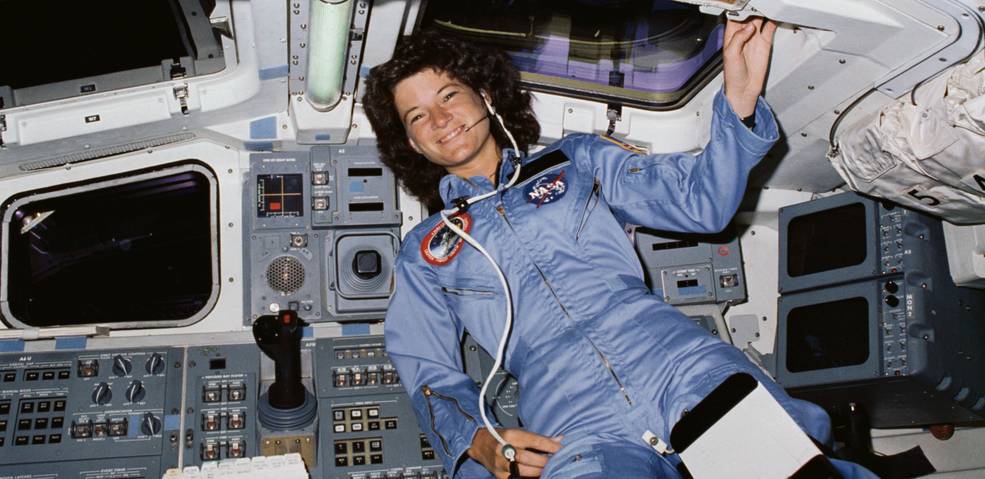 Sally Ride in space upon the space shuttle Challenger